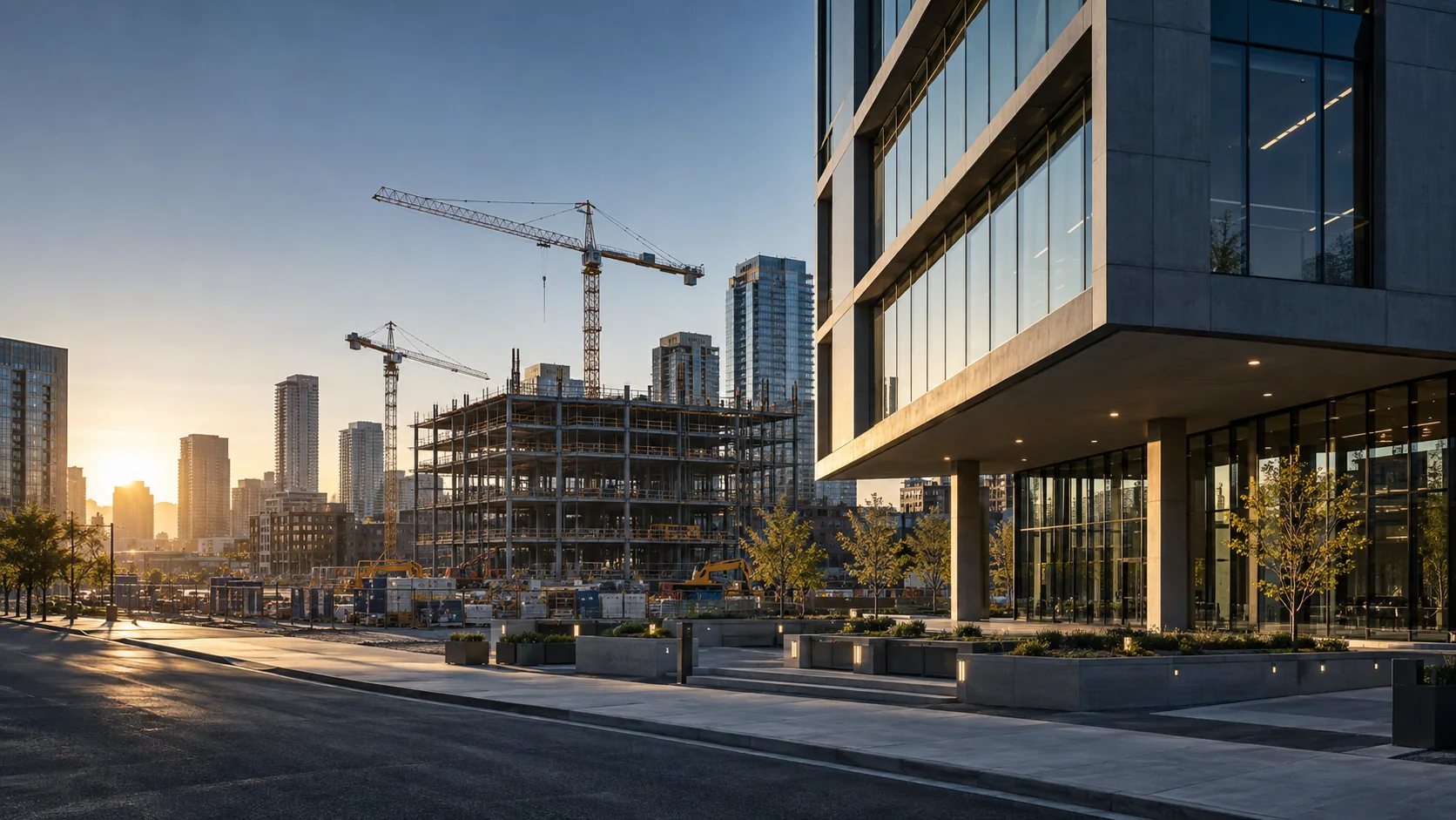 Contemporary commercial building beside an active construction site with cranes and structural framing at sunrise