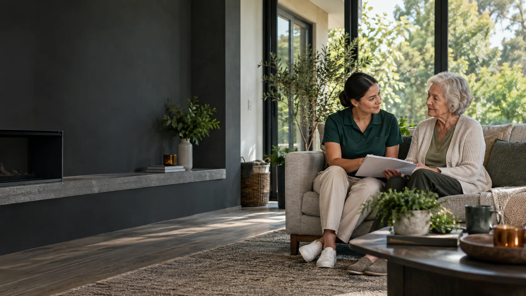 Professional caregiver reviewing a care plan with an older adult in a calm modern private residence