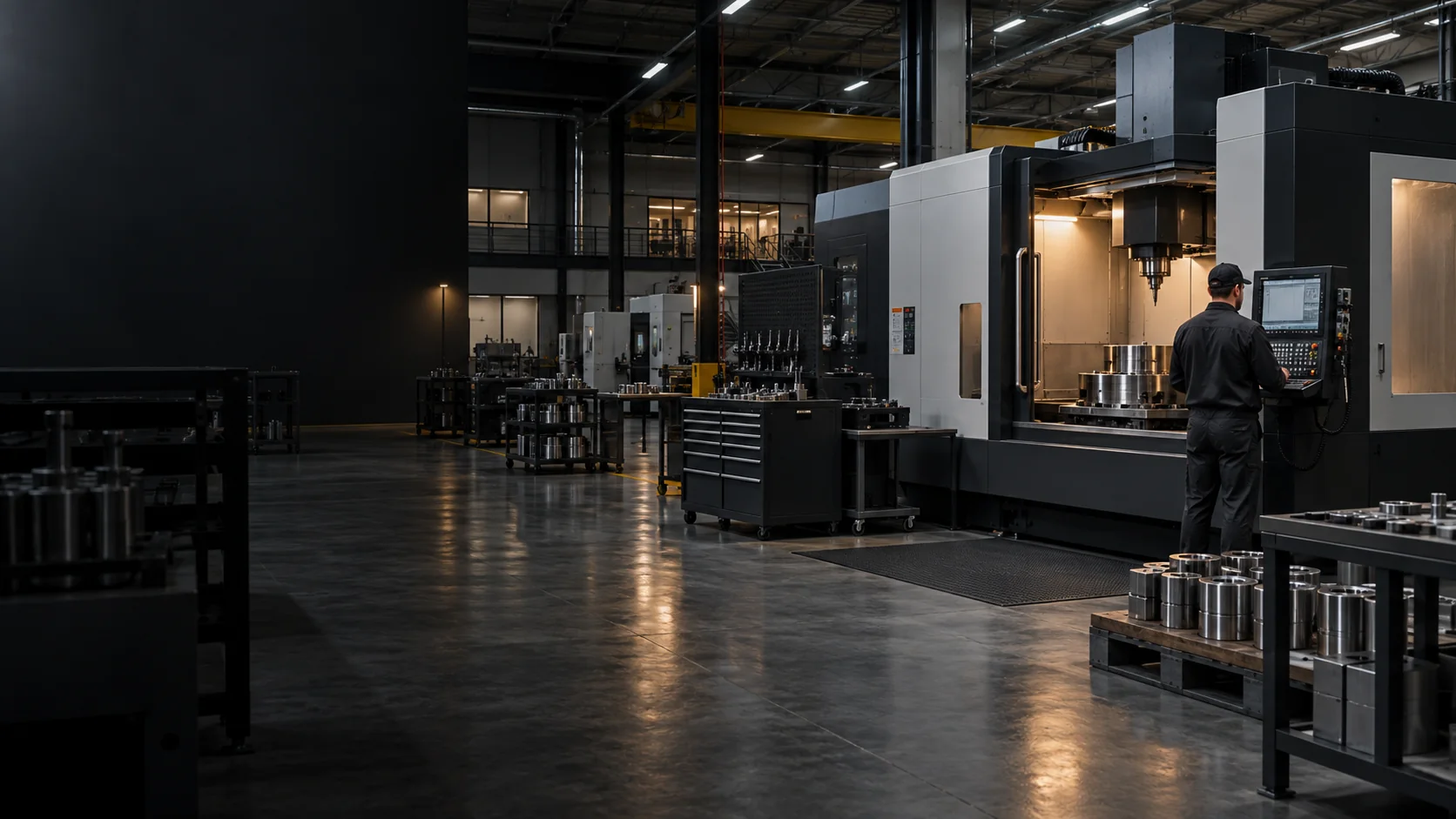 Precision manufacturing facility with CNC machinery, steel components and an operator on an organized production floor