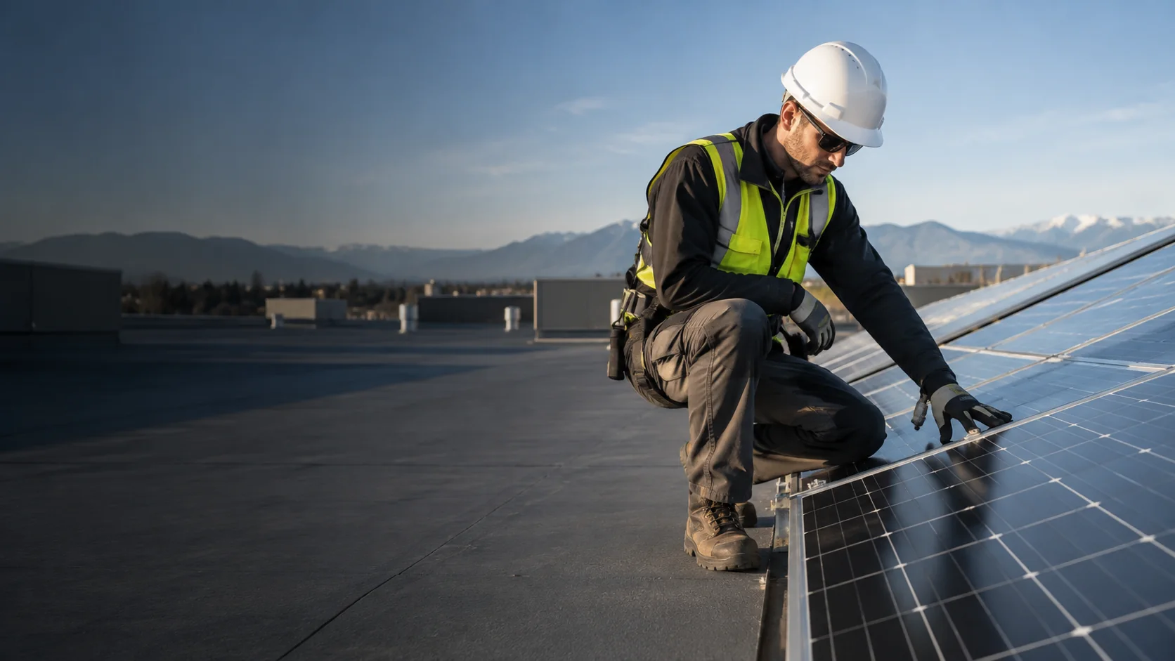 Solar installation professional inspecting photovoltaic panels on a commercial rooftop